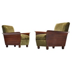 Exquisite Pair of Italian Lounge Chairs in Green Velvet Upholstery and Mahogany