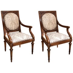 Exquisite Pair of Italian Neoclassical Carved Walnut Upholstered Armchairs