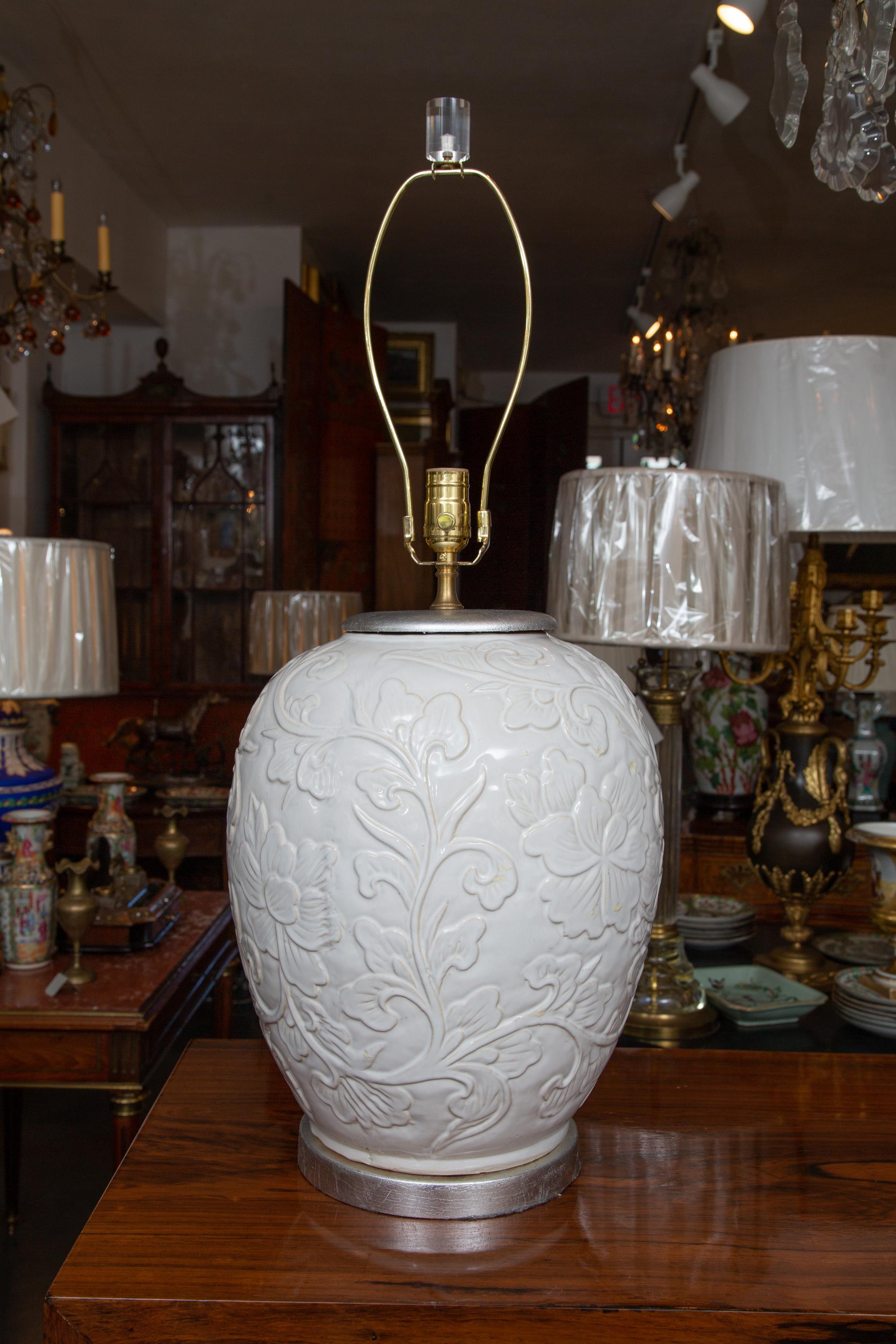 Porcelain Exquisite Pair of Large Italian Table Lamps with Floral Relief  For Sale