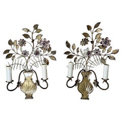 Exquisite Pair of Italian Wall Sconces with Amethyst & Smoky Glass Blossoms