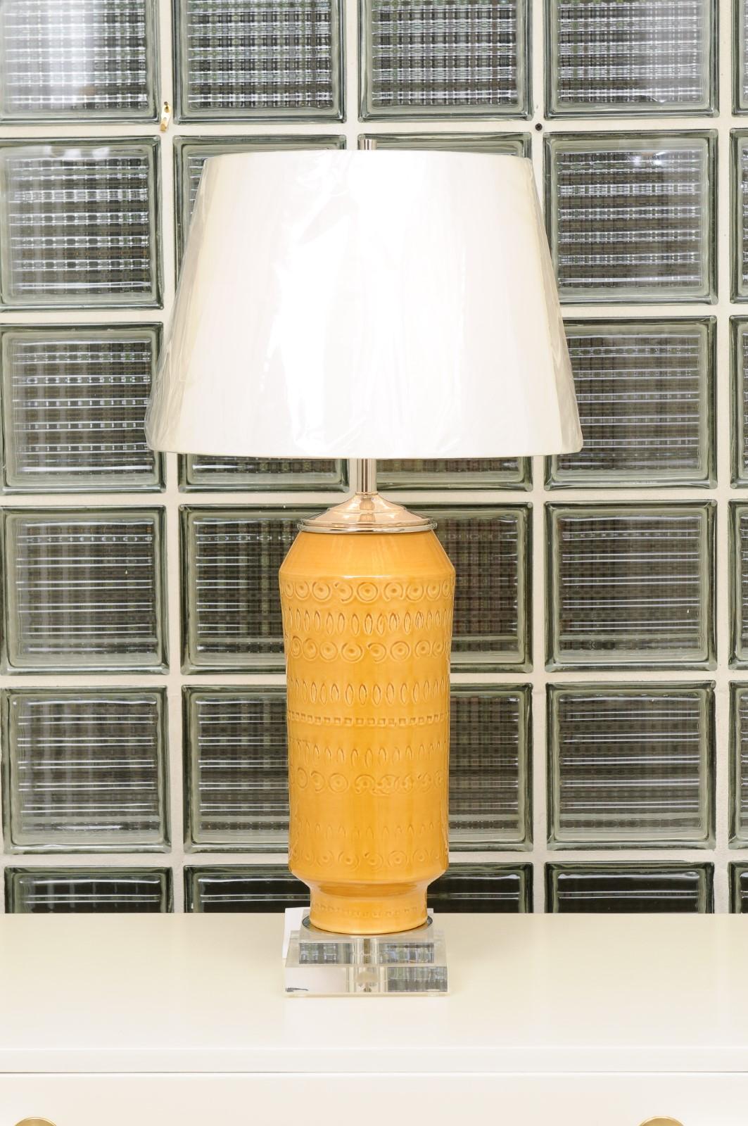 Organic Modern Exquisite Pair of Italian Yellow Ochre Ceramics, circa 1970, as New Custom Lamps For Sale