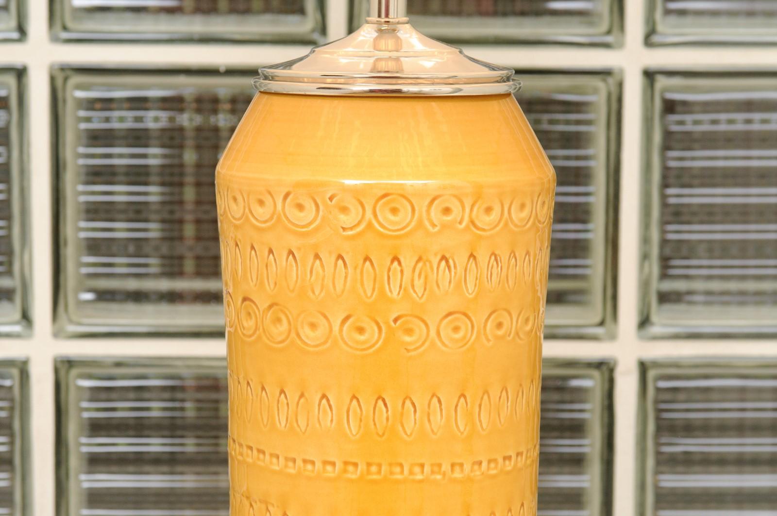 Late 20th Century Exquisite Pair of Italian Yellow Ochre Ceramics, circa 1970, as New Custom Lamps For Sale