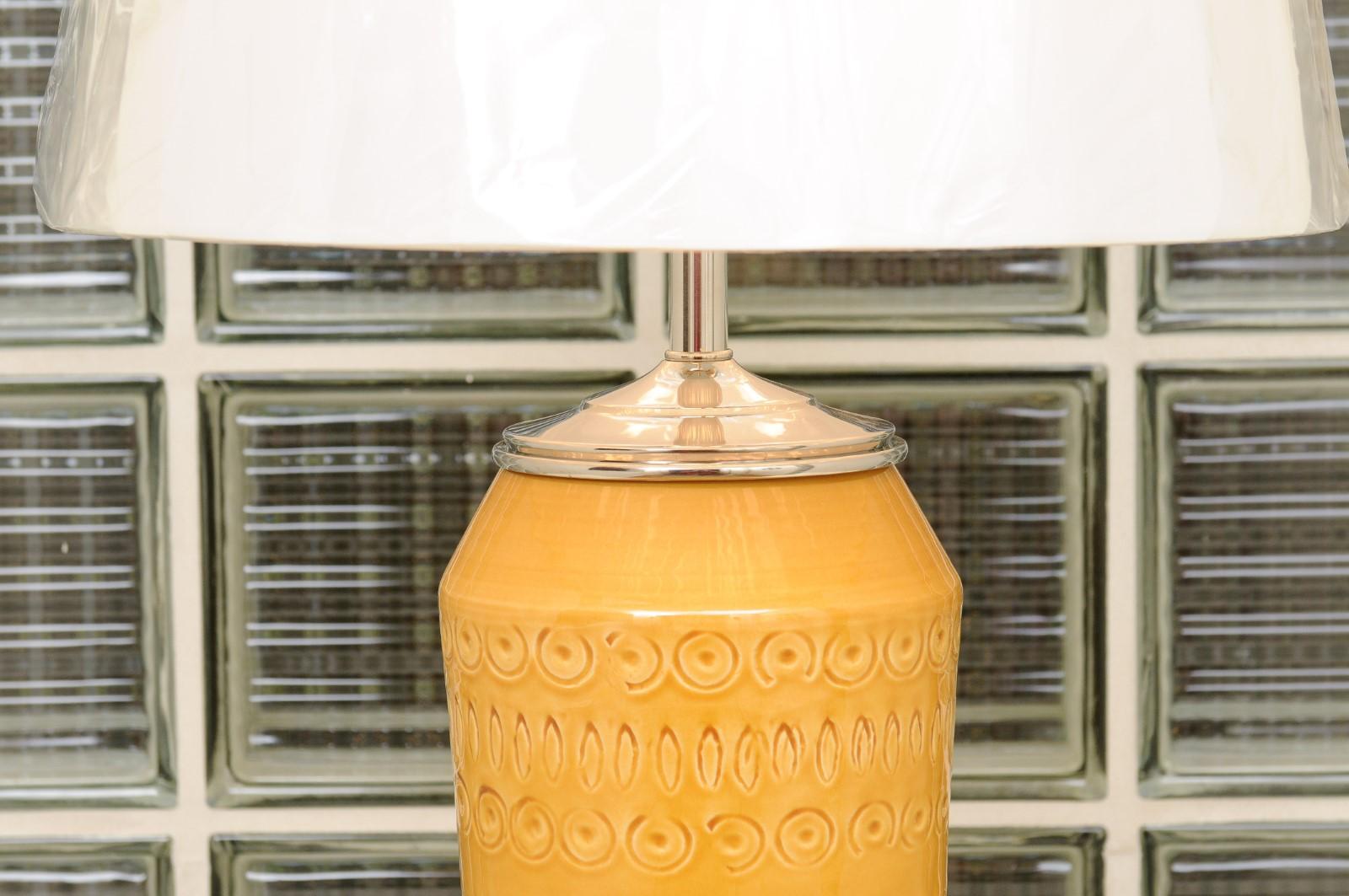 Exquisite Pair of Italian Yellow Ochre Ceramics, circa 1970, as New Custom Lamps For Sale 3
