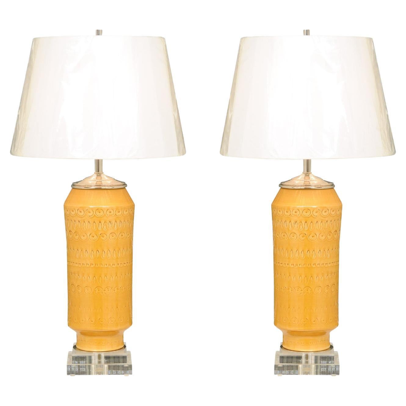 Exquisite Pair of Italian Yellow Ochre Ceramics, circa 1970, as New Custom Lamps For Sale