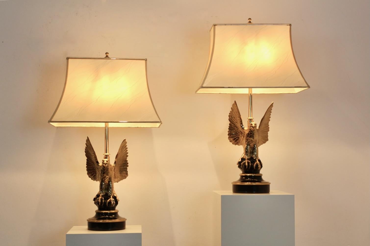 Exquisite Pair of Large Belgian Brass Eagle Sculptured Table Lamps for DeKnudt For Sale 4