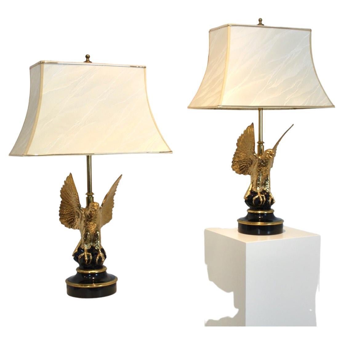 Magnifique paire de grandes lampes de bureau belges en laiton sculpté en forme d'aigle pour DeKnudt