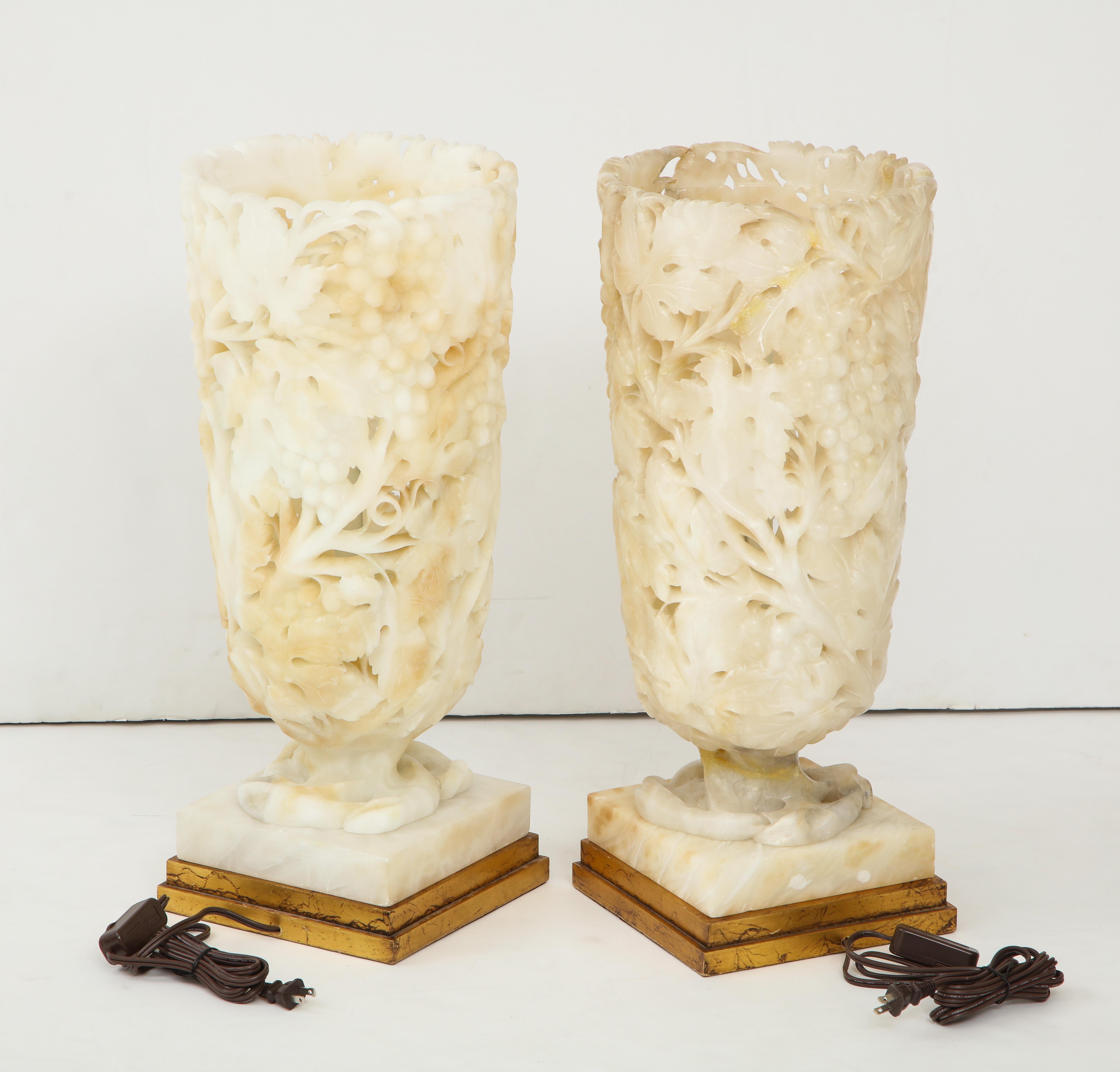 Exquisite Pair of Large Carved Alabaster Lamps 4