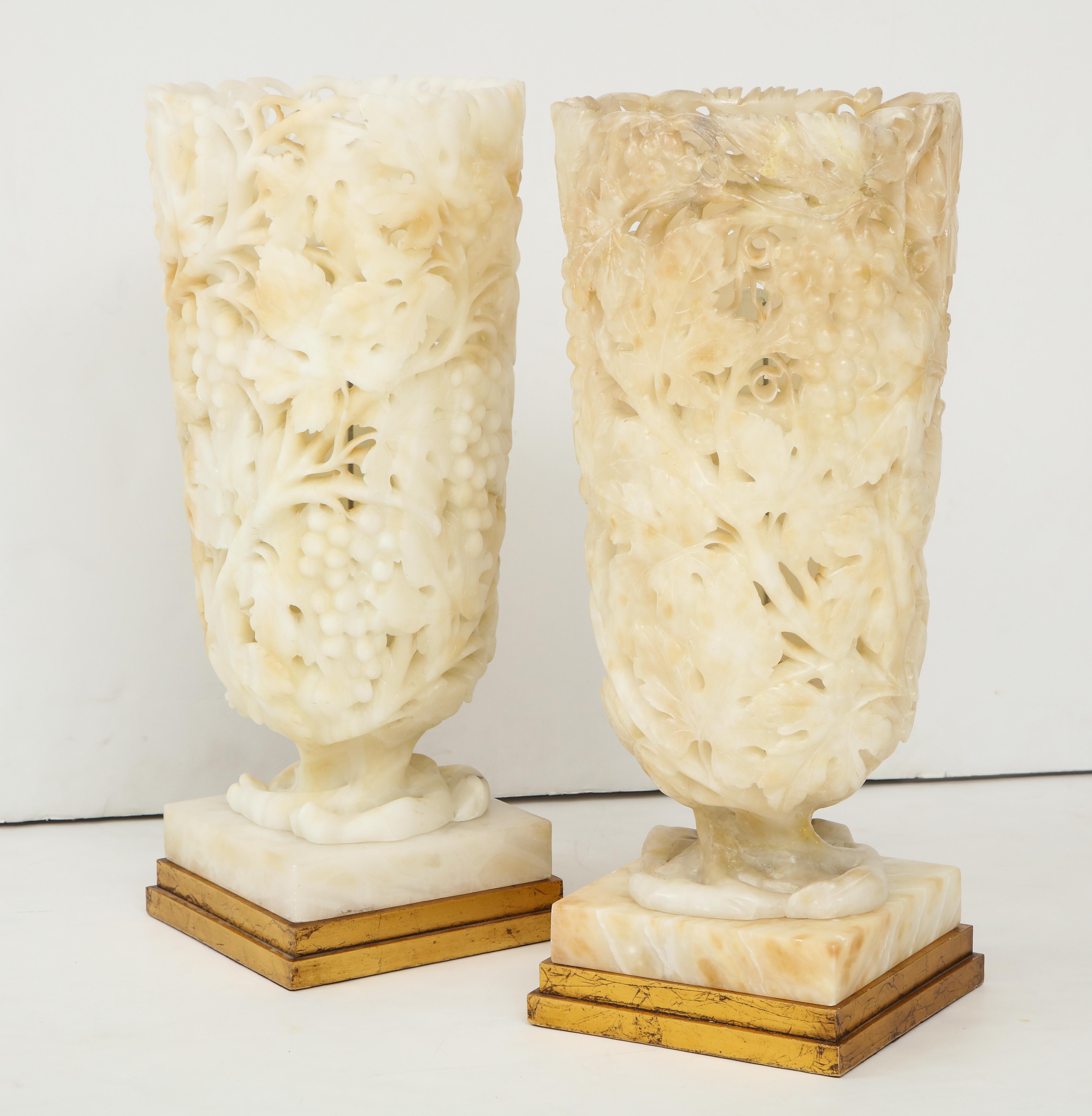 Italian Exquisite Pair of Large Carved Alabaster Lamps