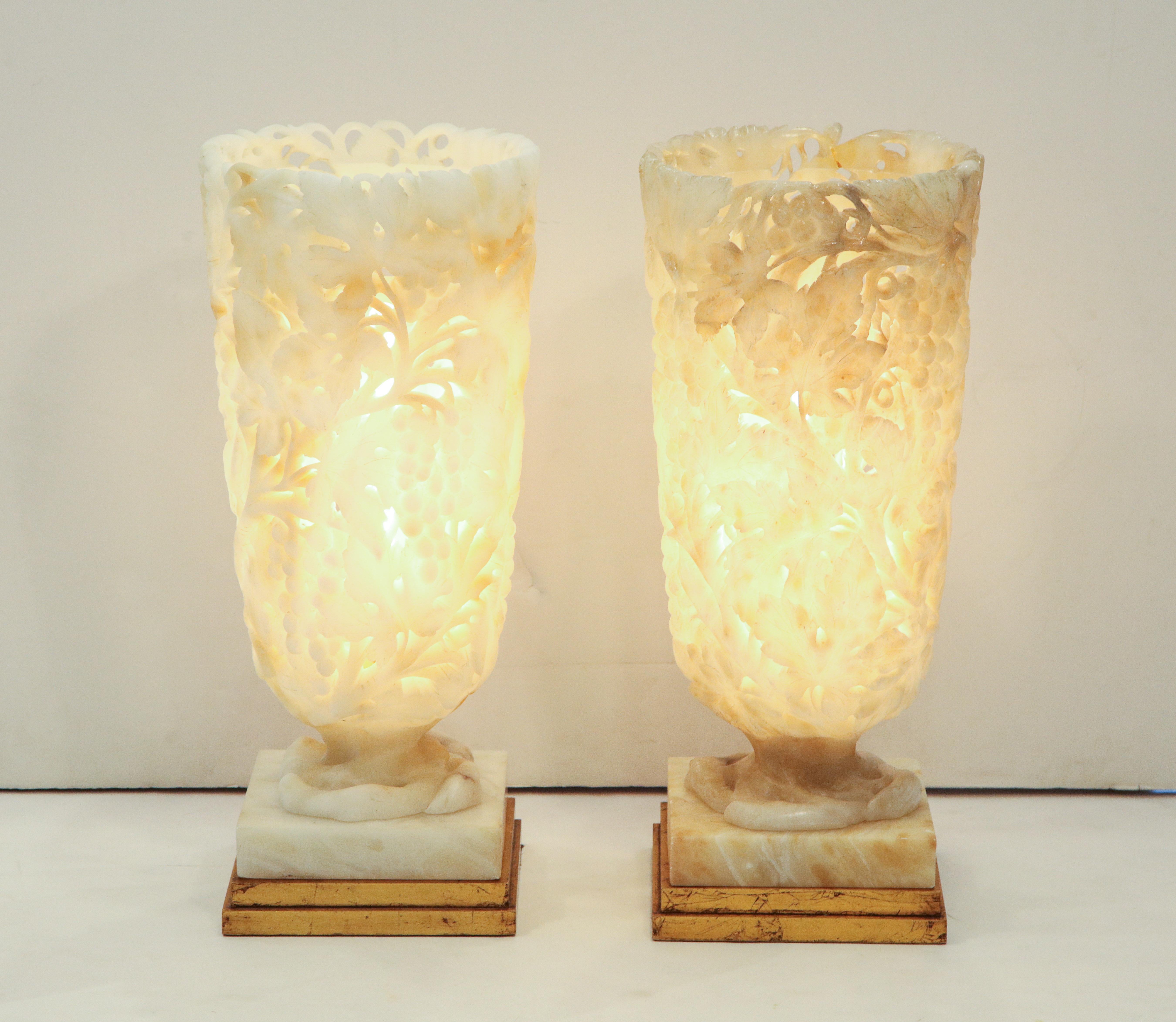 Exquisite Pair of Large Carved Alabaster Lamps In Good Condition In New York, NY