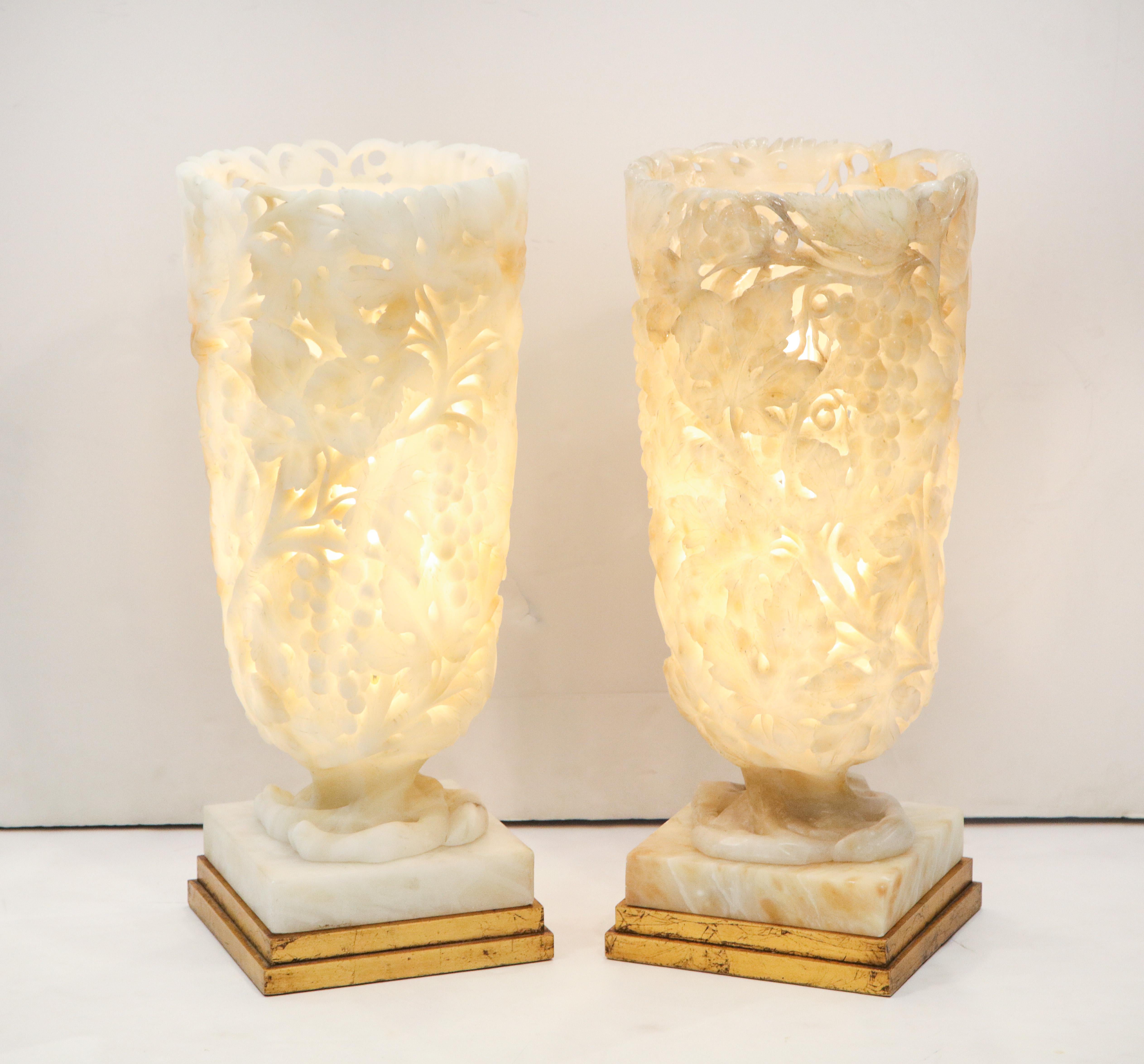 Mid-20th Century Exquisite Pair of Large Carved Alabaster Lamps
