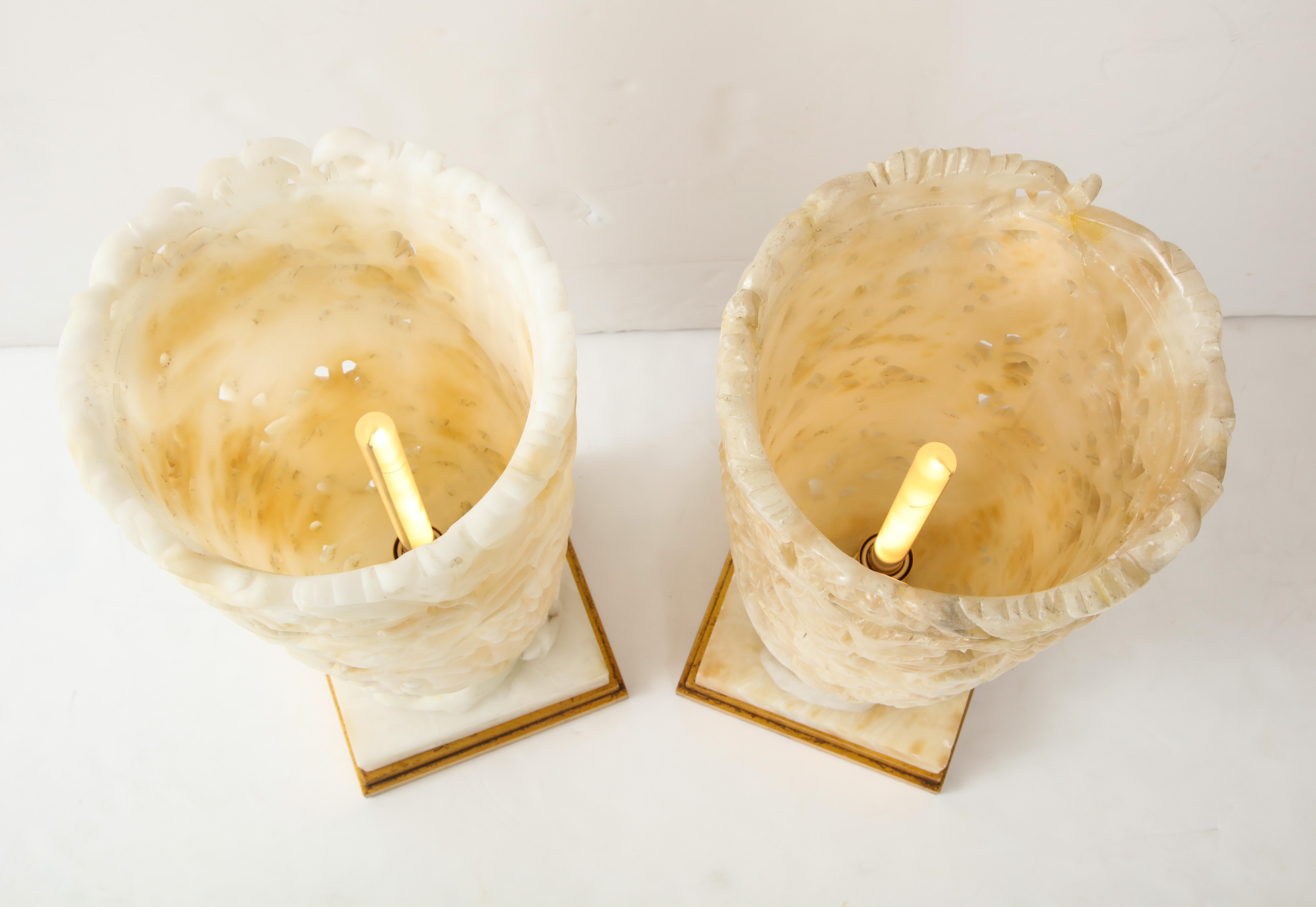 Exquisite Pair of Large Carved Alabaster Lamps 1