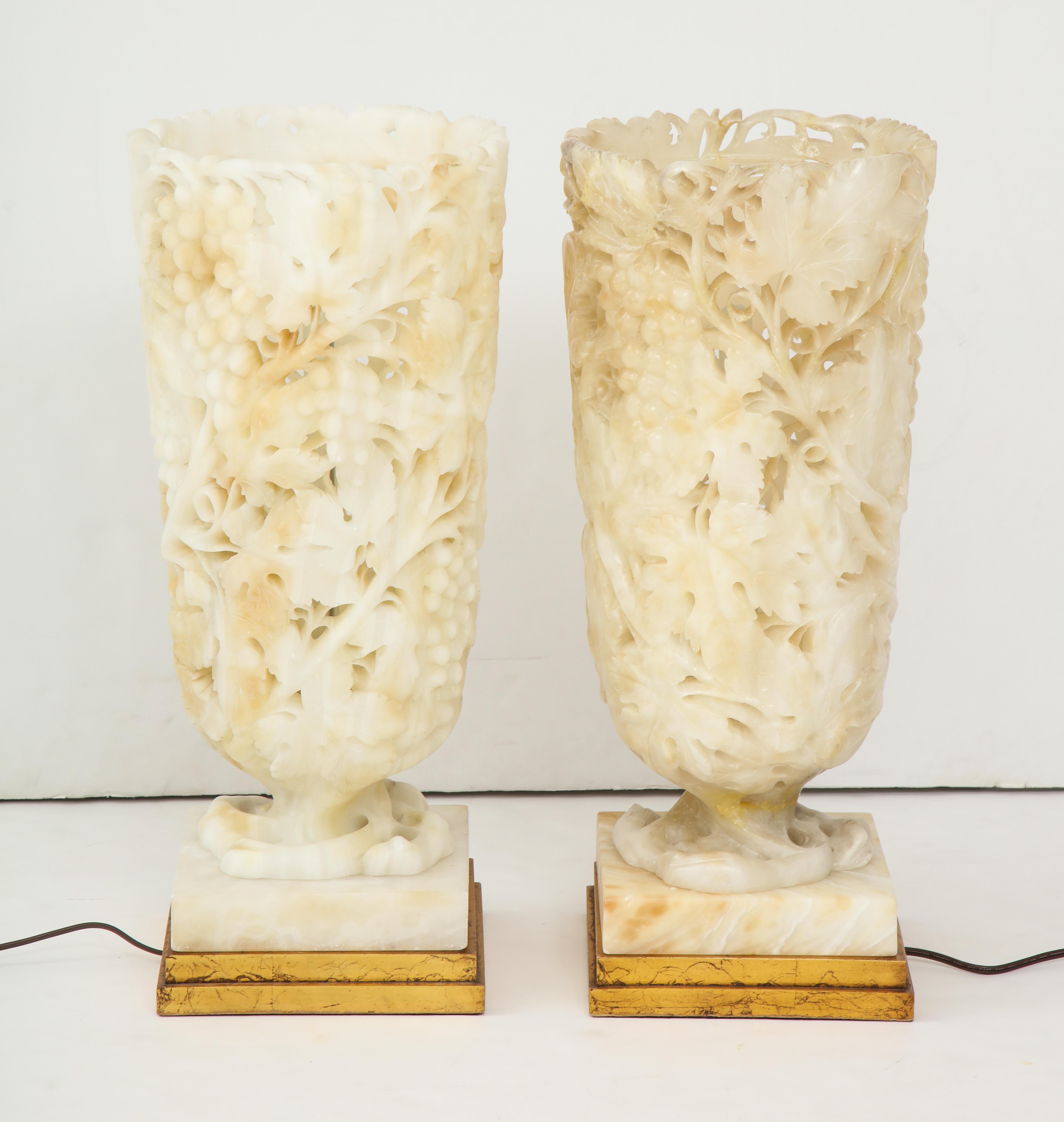 Exquisite Pair of Large Carved Alabaster Lamps 2