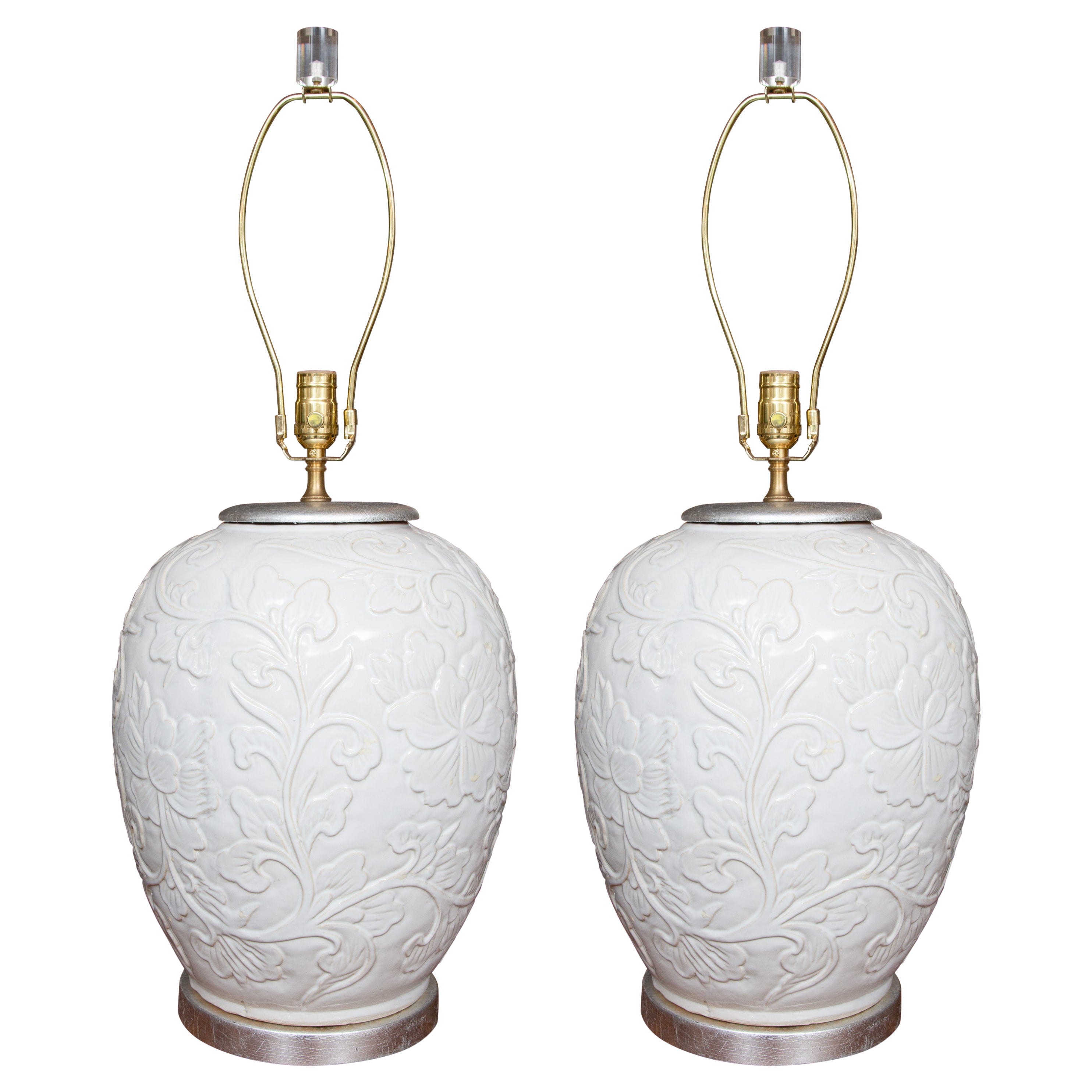Exquisite Pair of Large Italian Table Lamps with Floral Relief