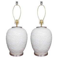 Exquisite Pair of Large Italian Table Lamps with Floral Relief