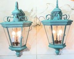 Exquisite Pair of Large Solid Brass Outdoor Wall Lanterns – Verdigris Patina