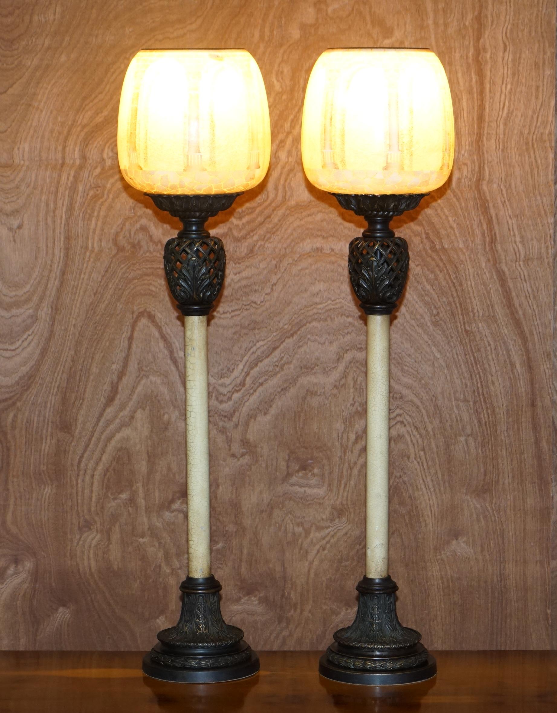 We are delighted to offer this stunning pair of very rare vintage tall table lamps with stunning Roman column shades

These are pretty much the most decorative lamps I have ever seen, the shades are a thing of beauty, they are translucent and