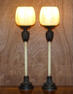 Exquisite Pair of Large Vintage Table Lamps with Corinthian Roman Pillar Shades