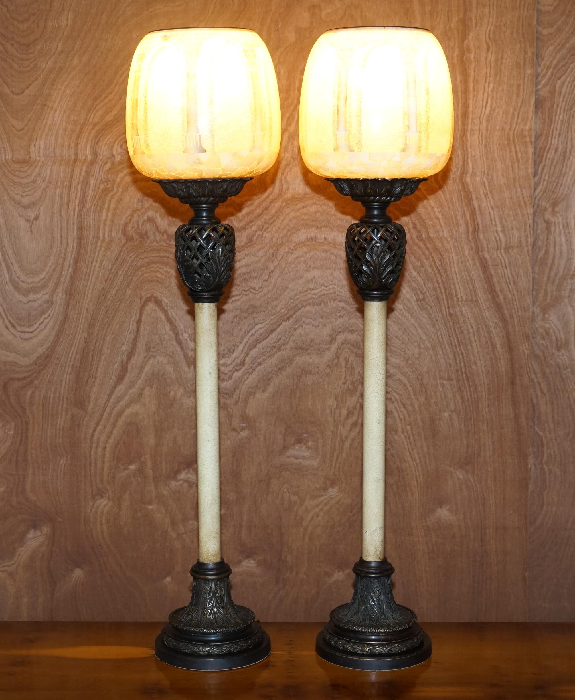 Exquisite Pair of Large Vintage Table Lamps with Corinthian Roman Pillar Shades For Sale 13