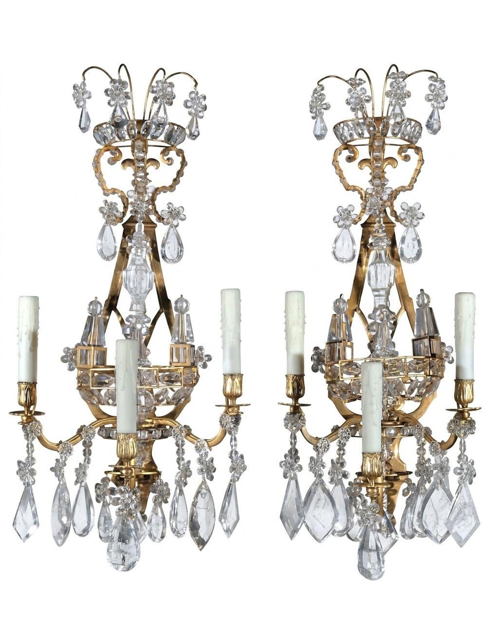 Exquisite Pair of Magnificent Gilt Bronze & Rock Crystal Wall Sconces