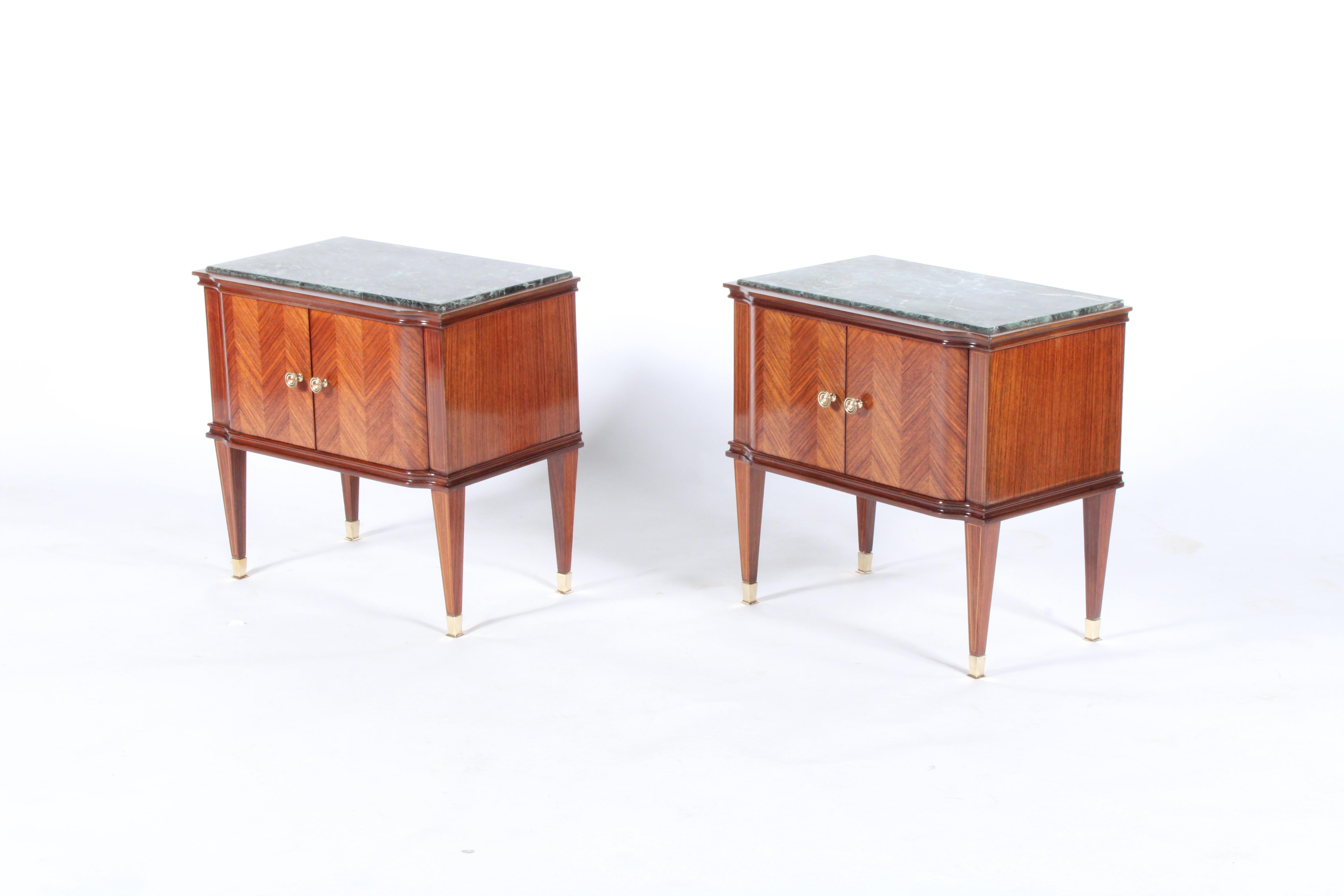 Brass Exquisite Pair of Midcentury Italian Night Stands with Green Marble Tops
