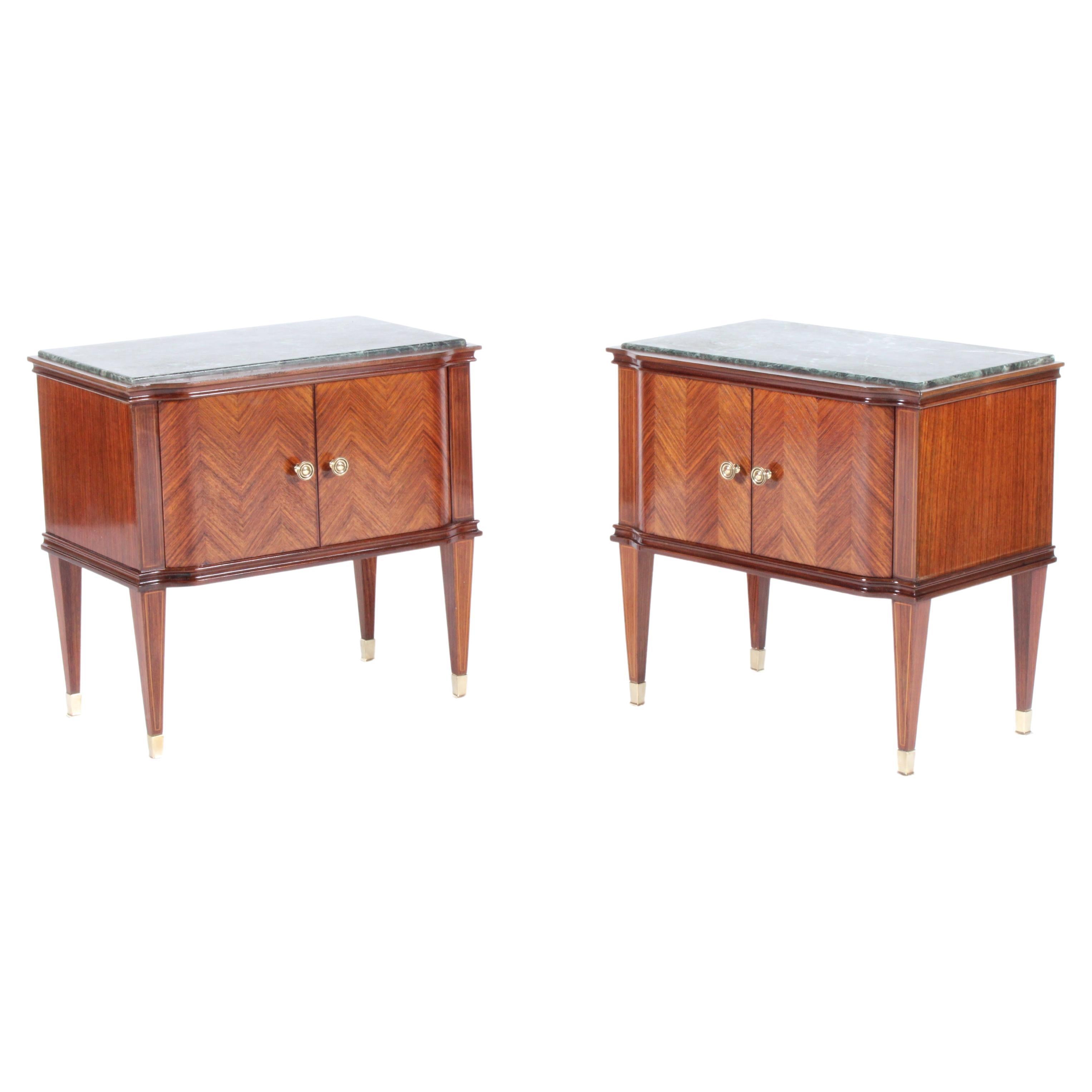 Exquisite Pair of Midcentury Italian Night Stands with Green Marble Tops