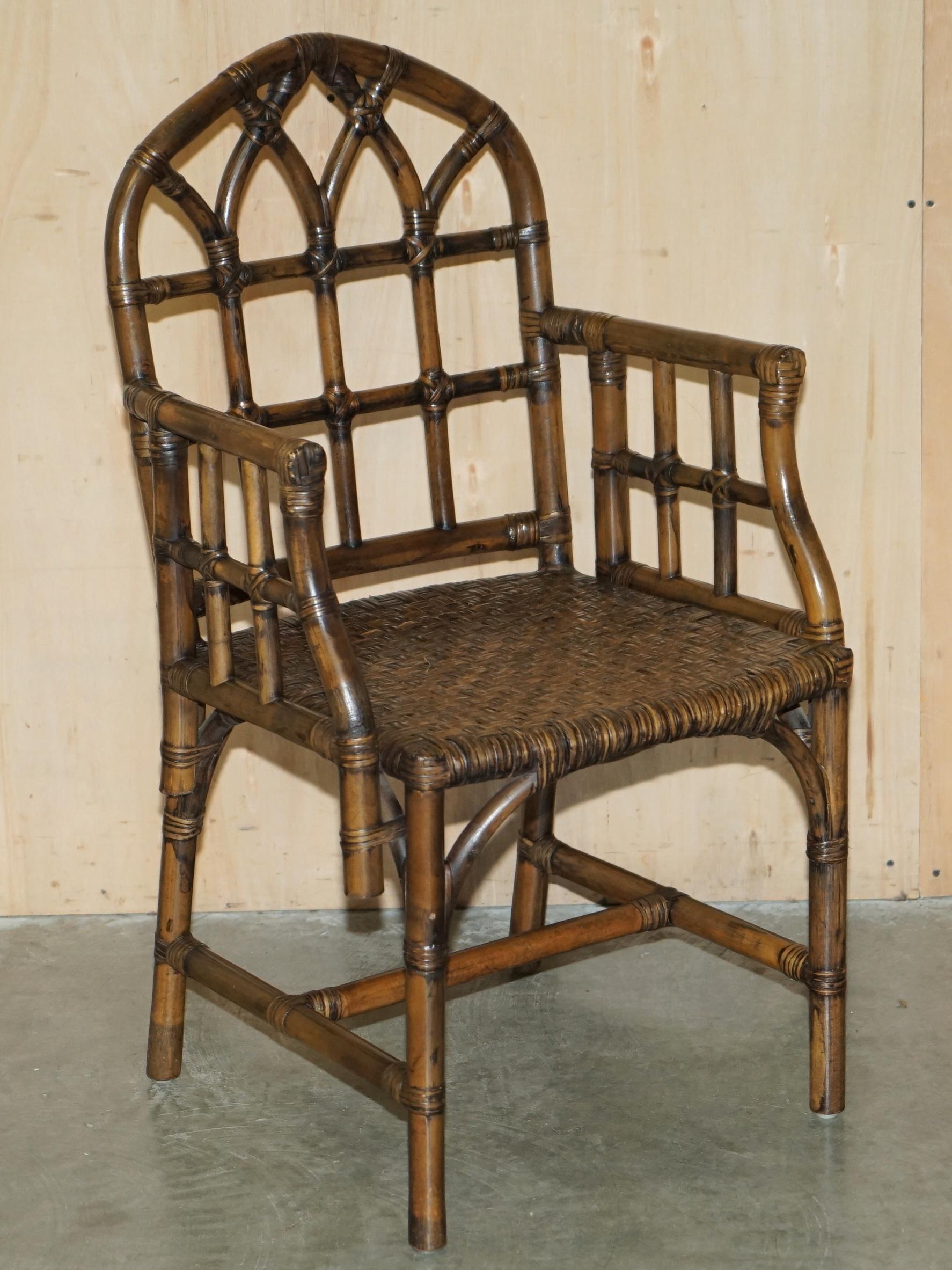 EXQUISITE PAIR OF MID CENTURY MCGUIRE RATTAN GOTHIC CATHEDRAL BACK ARMCHAIRs For Sale 7