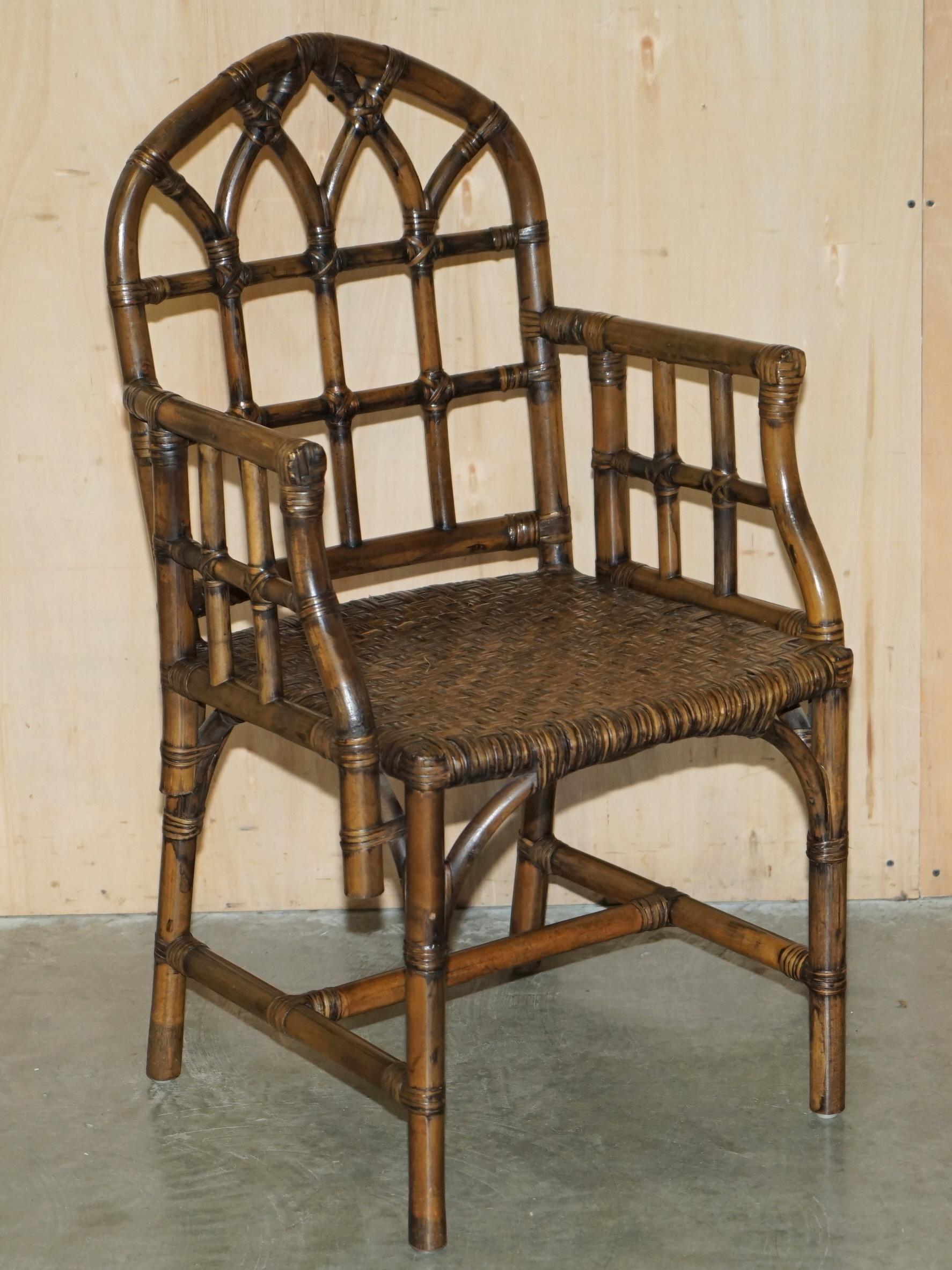EXQUISITE PAIR OF MID CENTURY MCGUIRE RATTAN GOTHIC CATHEDRAL BACK ARMCHAIRs 6