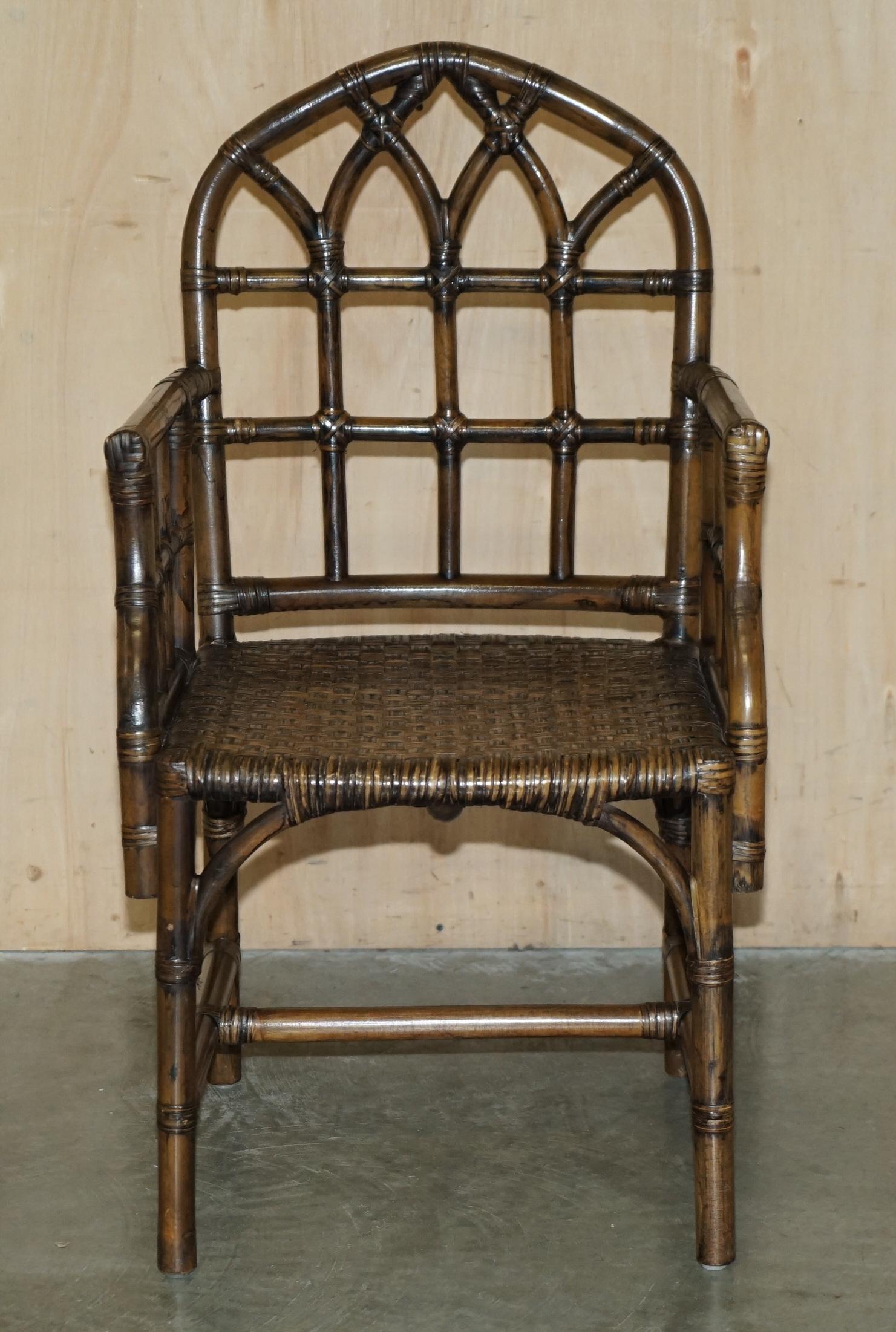 EXQUISITE PAIR OF MID CENTURY MCGUIRE RATTAN GOTHIC CATHEDRAL BACK ARMCHAIRs 7