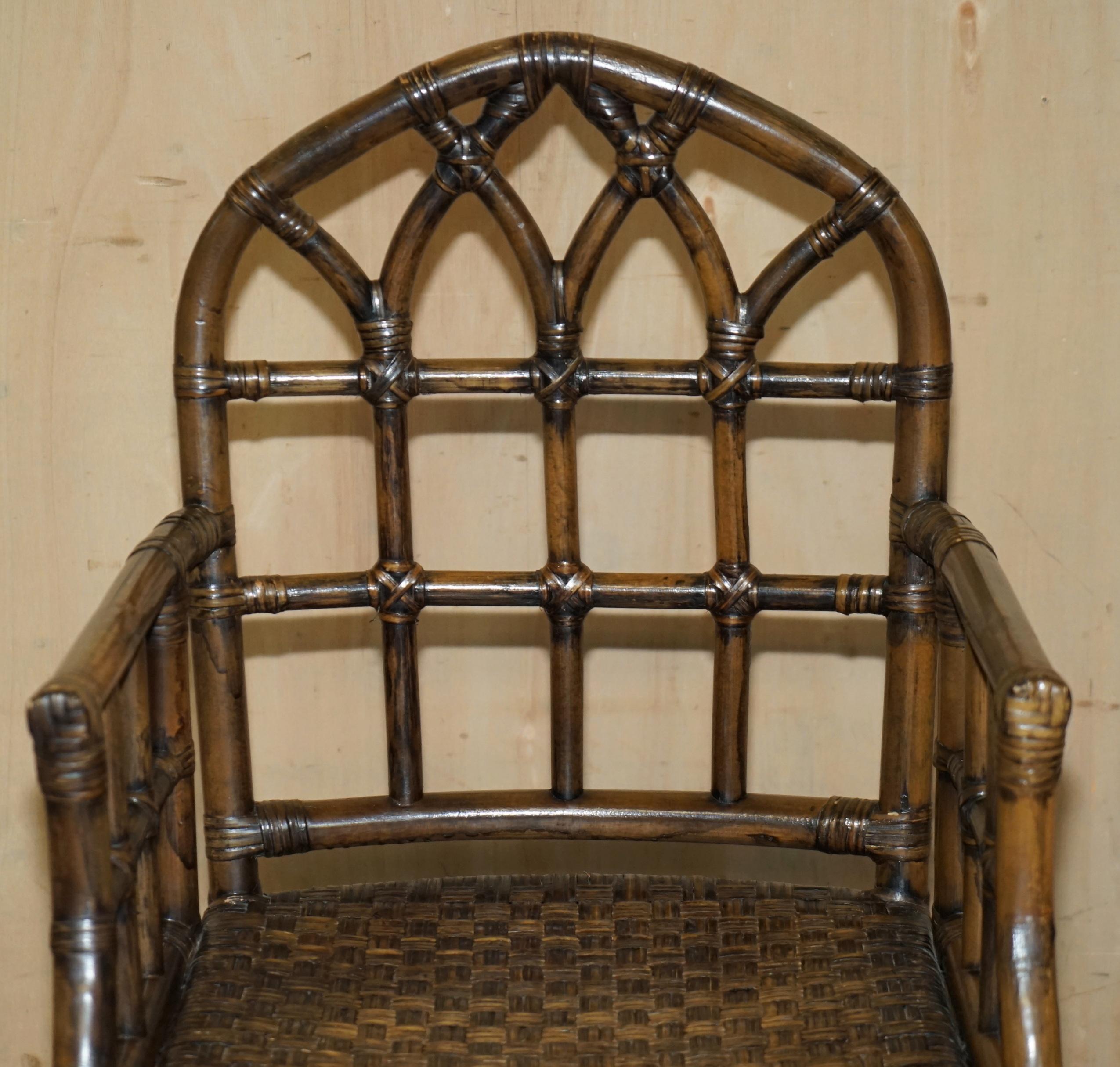 EXQUISITE PAIR OF MID CENTURY MCGUIRE RATTAN GOTHIC CATHEDRAL BACK ARMCHAIRs For Sale 9