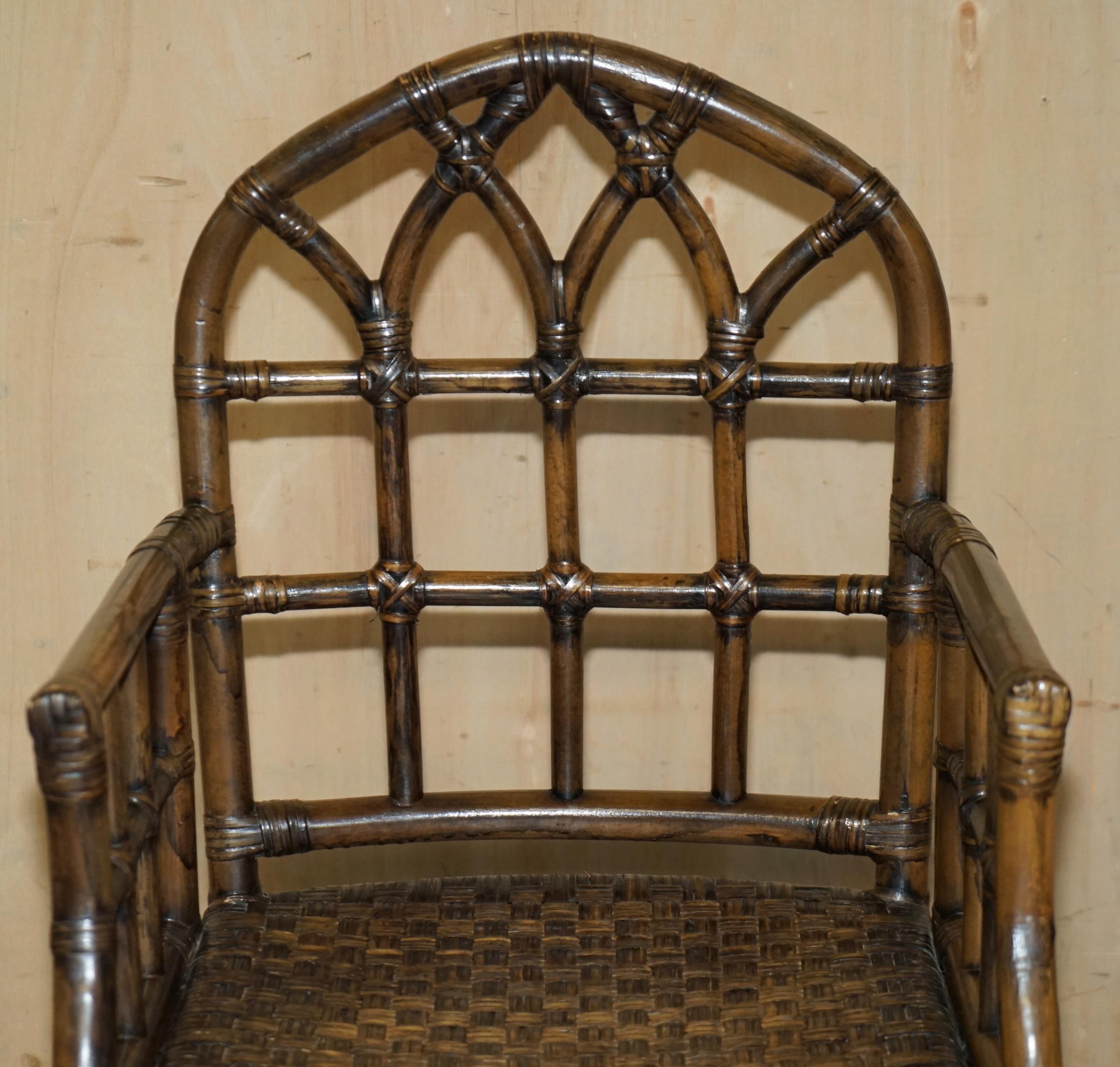EXQUISITE PAIR OF MID CENTURY MCGUIRE RATTAN GOTHIC CATHEDRAL BACK ARMCHAIRs 8