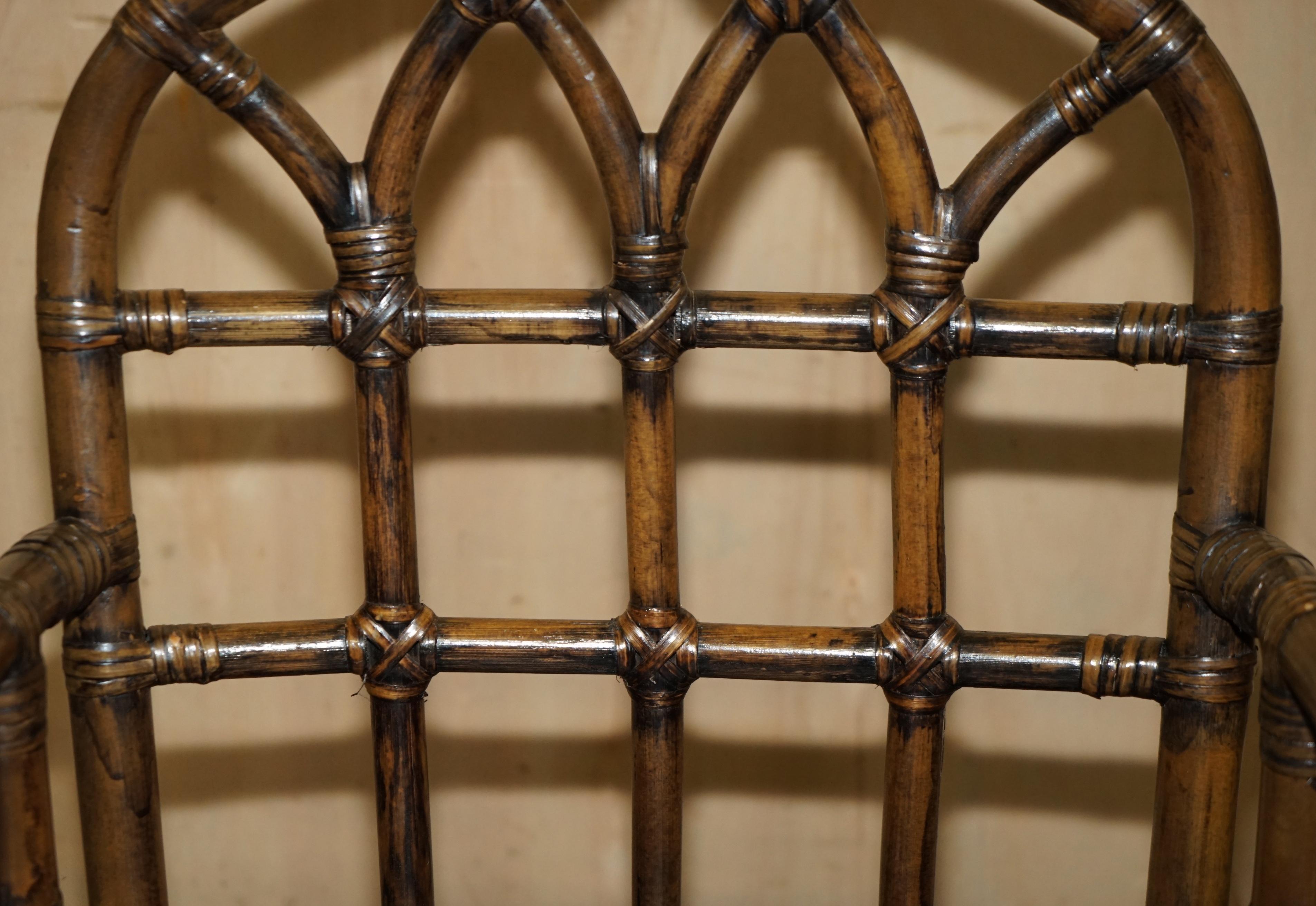 EXQUISITE PAIR OF MID CENTURY MCGUIRE RATTAN GOTHIC CATHEDRAL BACK ARMCHAIRs 9