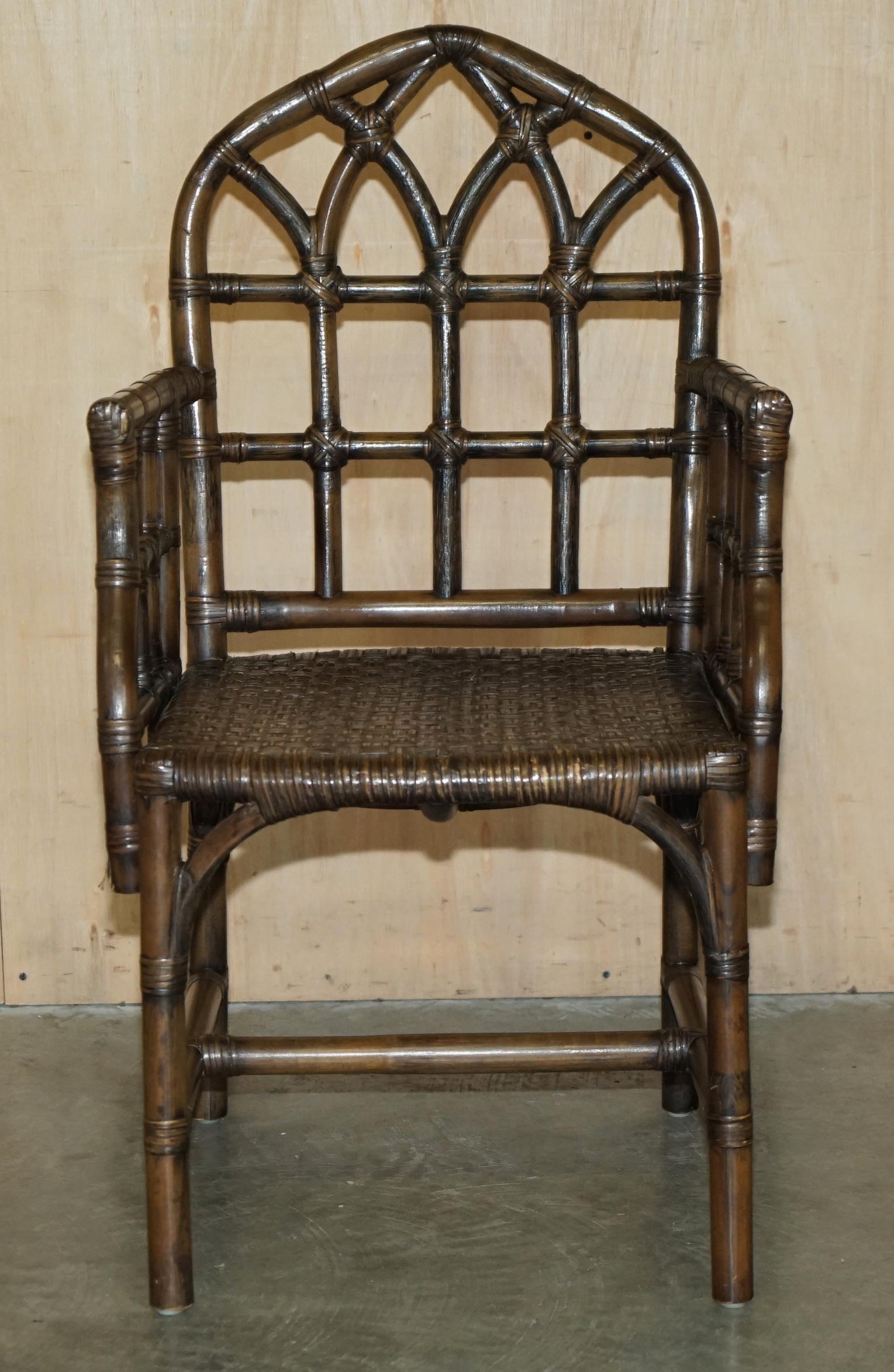 Gothic EXQUISITE PAIR OF MID CENTURY MCGUIRE RATTAN GOTHIC CATHEDRAL BACK ARMCHAIRs For Sale