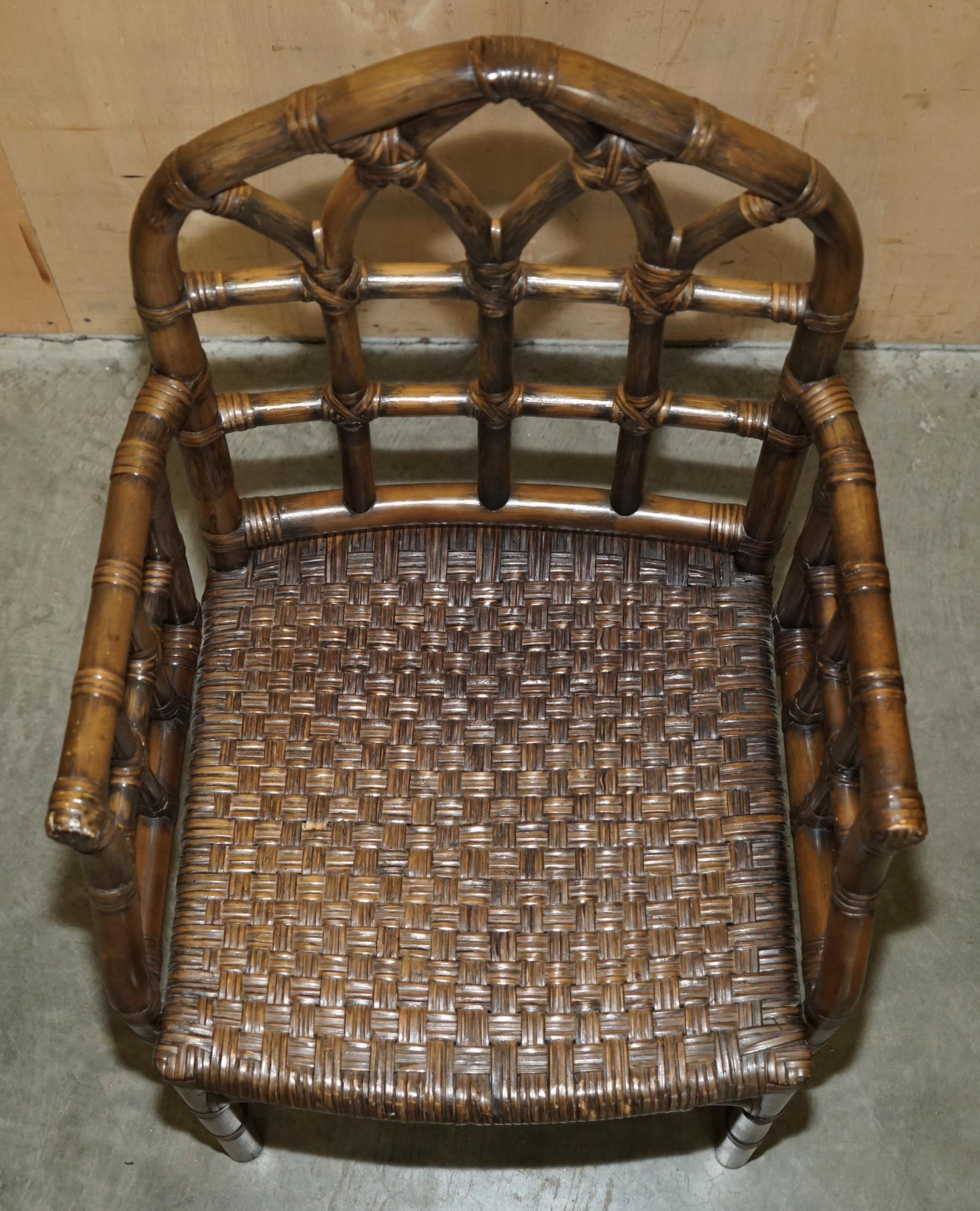 Hand-Crafted EXQUISITE PAIR OF MID CENTURY MCGUIRE RATTAN GOTHIC CATHEDRAL BACK ARMCHAIRs For Sale