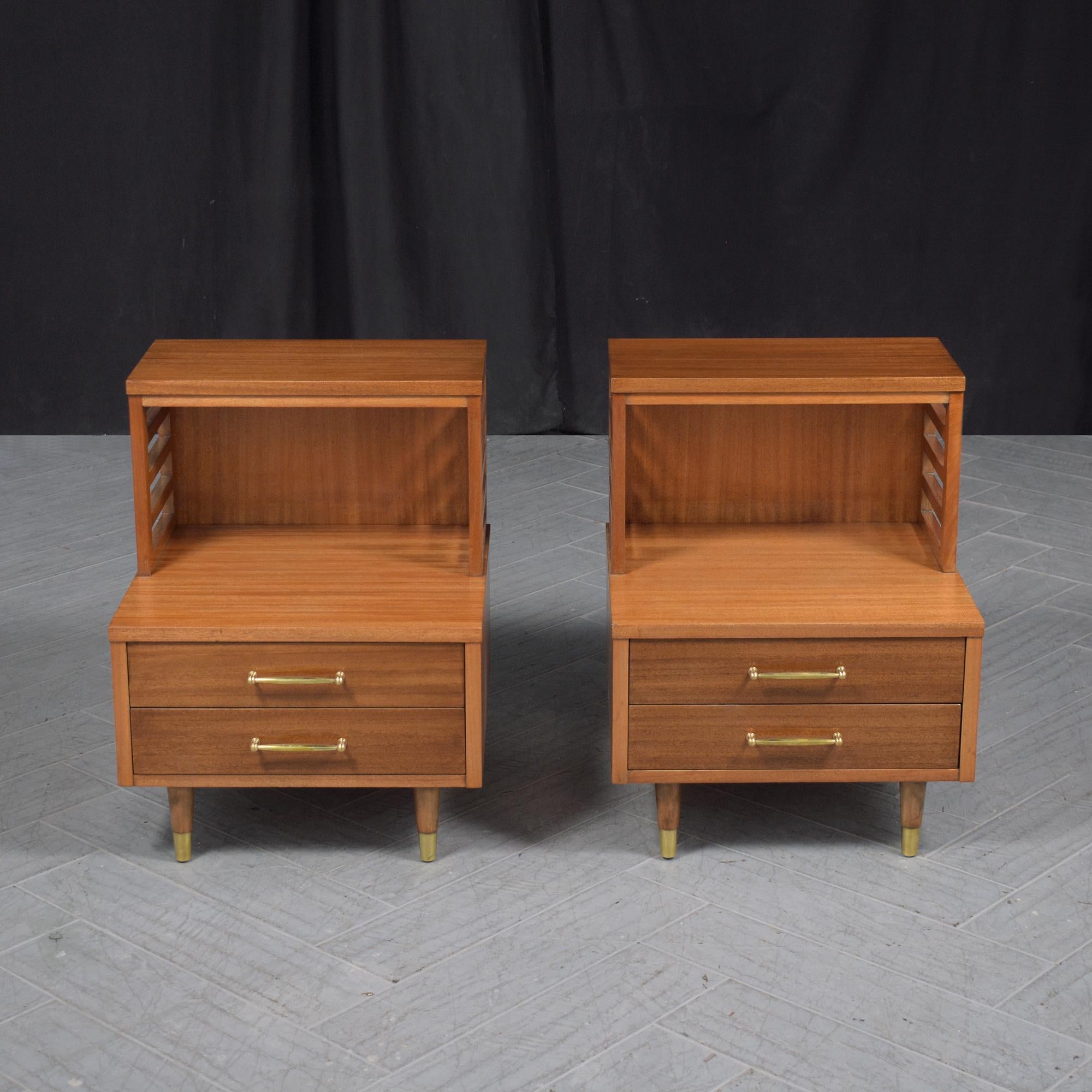 Immerse yourself in the unparalleled beauty and craftsmanship of our Mid-Century Modern nightstands, expertly handcrafted from exquisite walnut wood. Our skilled craftsmen have restored these pieces to their original condition, showcasing a sleek