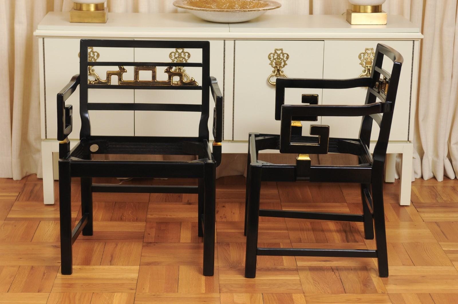 Exquisite Pair of Modern Chinoiserie Greek Key Armchairs by Baker, circa 1960 5