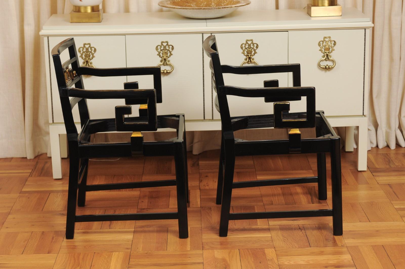 Mahogany Exquisite Pair of Modern Chinoiserie Greek Key Armchairs by Baker, circa 1960