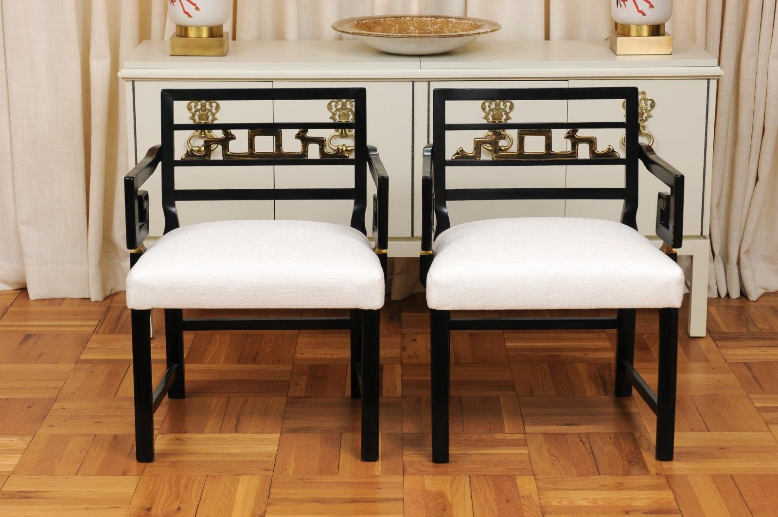 Mid-20th Century Exquisite Pair of Modern Chinoiserie Greek Key Armchairs by Baker, circa 1960 For Sale