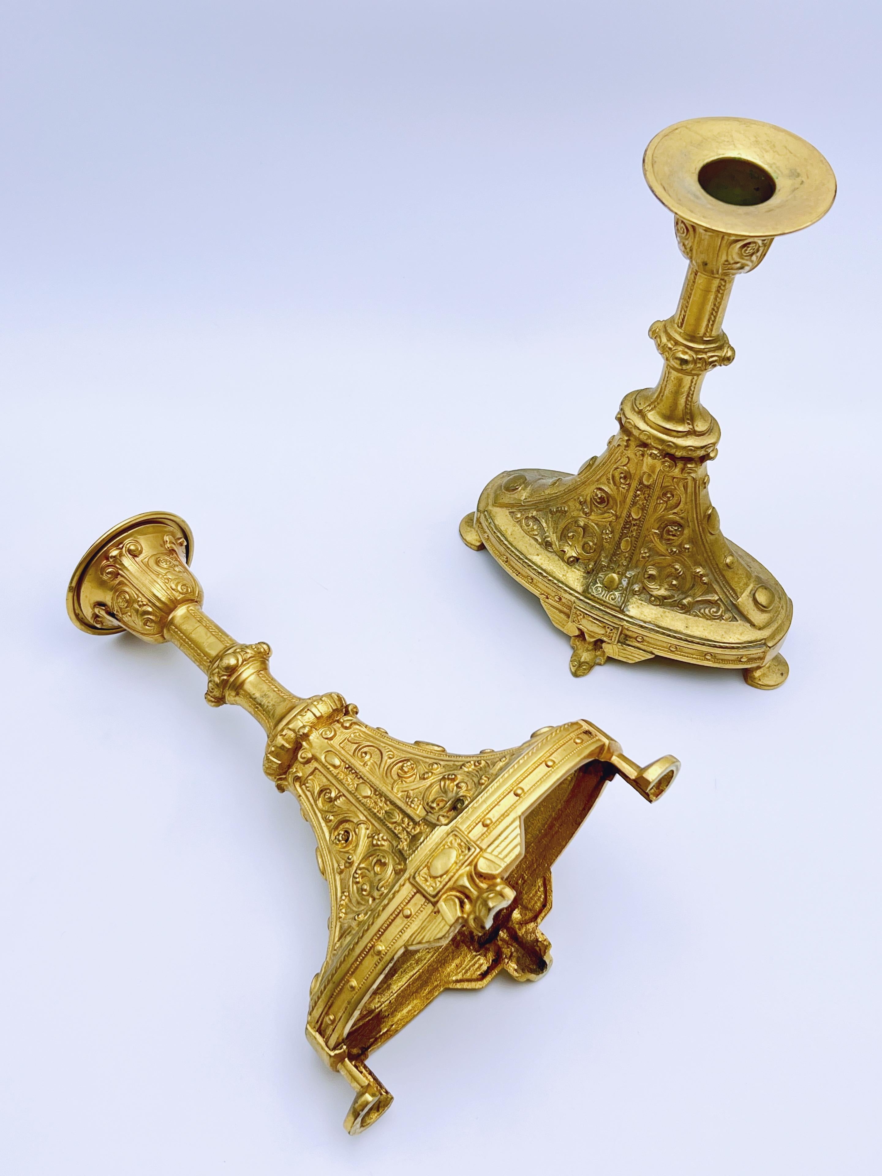 19th Century Exquisite Pair of Neo-Gothic Gold-Plated Brass Candlesticks, c. 1850-1890 For Sale