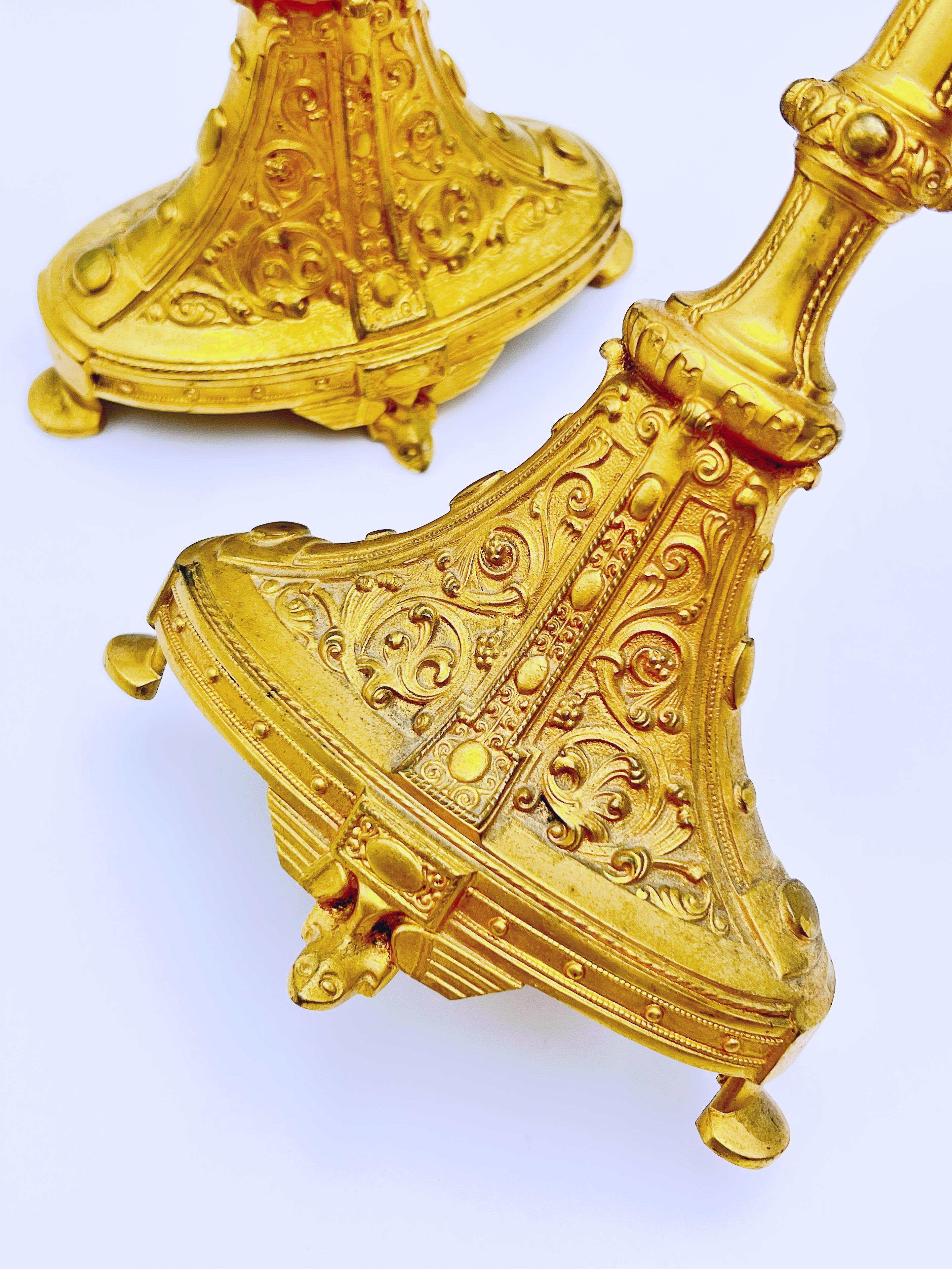 Exquisite Pair of Neo-Gothic Gold-Plated Brass Candlesticks, c. 1850-1890 For Sale 1