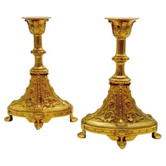 Antique Exquisite Pair of Neo-Gothic Gold-Plated Brass Candlesticks, c. 1850-1890
