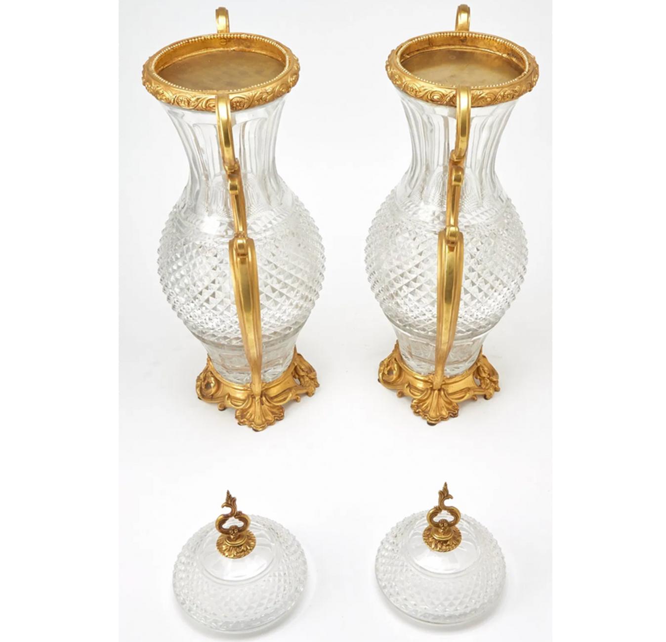 Exquisite Pair of Ormolu Mounted Crystal Scroll Form Handled Vases With Covers In Good Condition For Sale In New York, NY