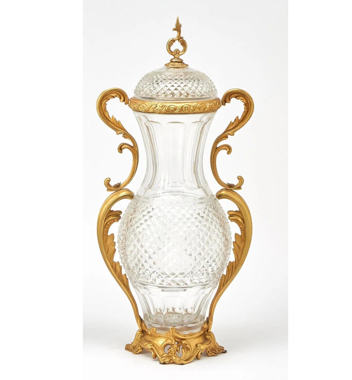 20th Century Exquisite Pair of Ormolu Mounted Crystal Scroll Form Handled Vases With Covers For Sale