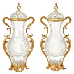 Exquisite Pair of Ormolu Mounted Crystal Scroll Form Handled Vases With Covers