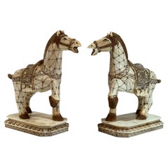 Exquisite Pair of Polished Carved Bone Tang Style Horses Antique Exquisite Pair of Polished Carved Bone Tang Style Horses