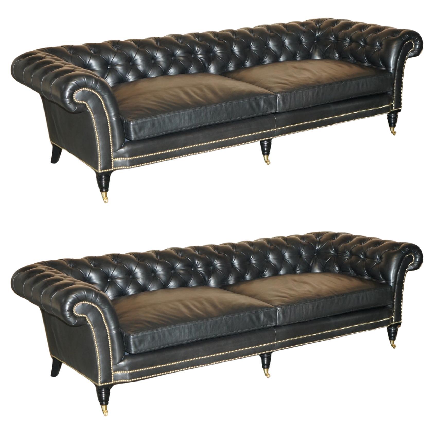 EXQUISITE PAIR OF RALPH LAUREN BROOK STREET BLACK LEATHER CHESTERFIELD SOFAs For Sale