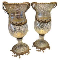 Exquisite Pair of Rare Magnificent Italian Bronze Etched Glass Centerpiece Vases