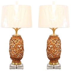Exquisite Pair of Restored Vintage Rattan Vessels as Custom Lamps