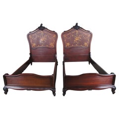 Exquisite Pair of RJ Horner French Rococo Mahogany Marquetry Inlaid Twin Beds