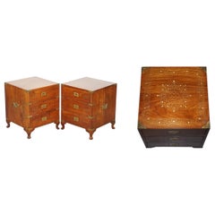 Exquisite Pair of Solid Elm Brass Inlaid Military Campaign Side Table Drawers