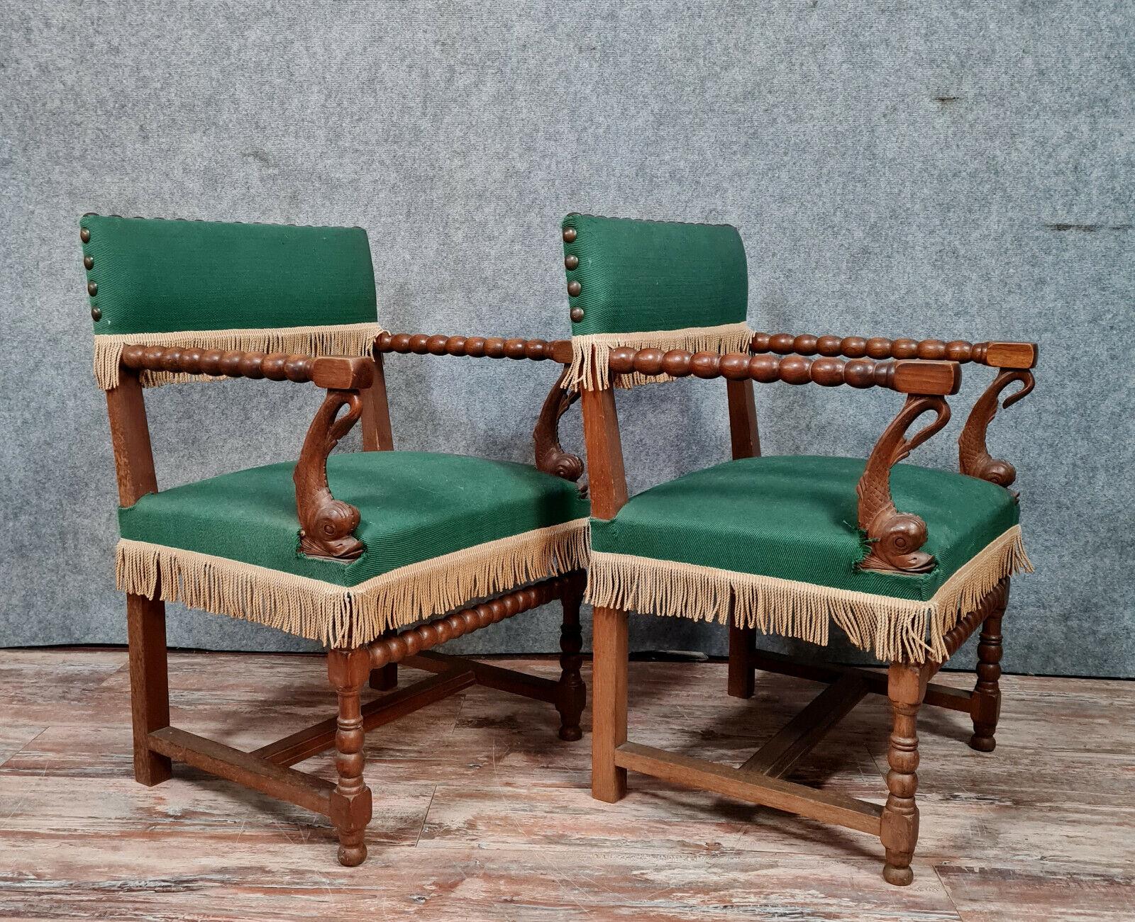 Exquisite Pair of Solid Oak Louis XIII Armchairs from circa 1850s -1X11 For Sale 1